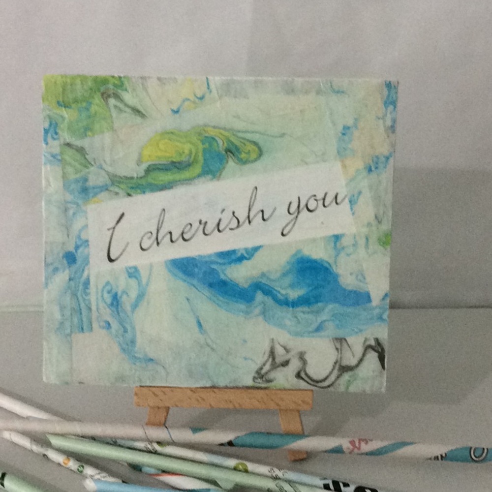 Decorative Plaque Mixed Media:  “I Cherish You” Original Marbled Paper on Wood